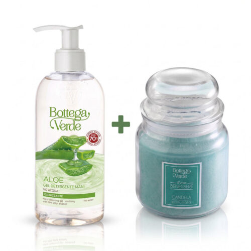 Set Wellness dišeča sveča +  Aloa Premium - čistilni gel z alkoholom za roke 250ML