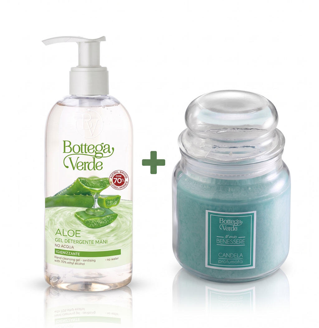 Set Wellness dišeča sveča + Aloa Premium - čistilni gel z alkoholom za roke 250ML
